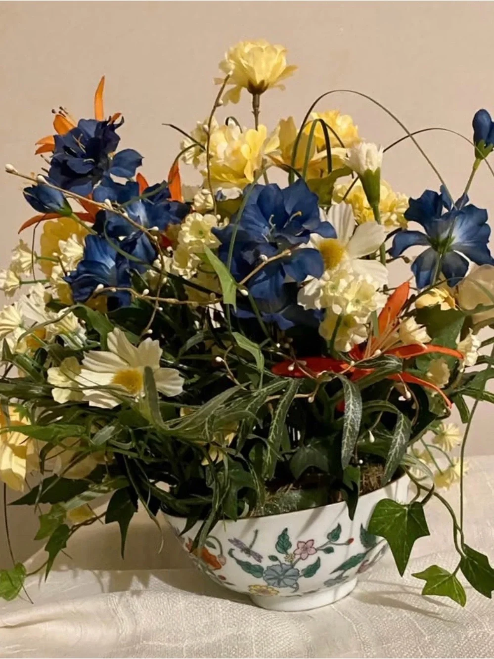 Grandmillennial Floral Arrangement in Decorative Porcelain Bowl English Country